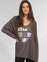 Ultra-Soft Drop Shoulder Long Sleeve Foil Printed V-Neck Knit Top by Froccella