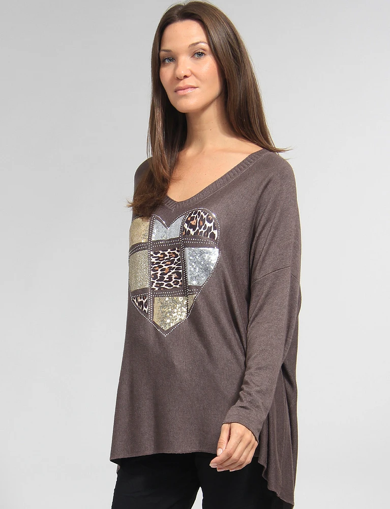 Ultra-Soft Drop Shoulder Long Sleeve Foil Printed V-Neck Knit Top by Froccella