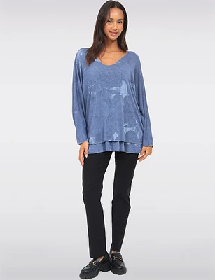 Two-Tiered Printed Dolman Sleeve Silver Stitch Trim Top by Froccella