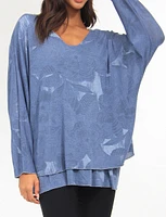 Two-Tiered Printed Dolman Sleeve Silver Stitch Trim Top by Froccella