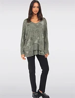 Two-Tiered Printed Dolman Sleeve Silver Stitch Trim Top by Froccella