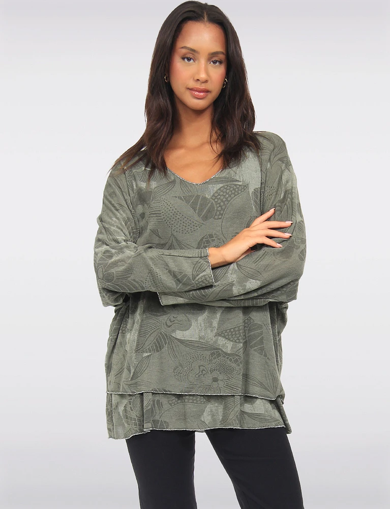 Two-Tiered Printed Dolman Sleeve Silver Stitch Trim Top by Froccella