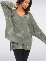 Two-Tiered Printed Dolman Sleeve Silver Stitch Trim Top by Froccella