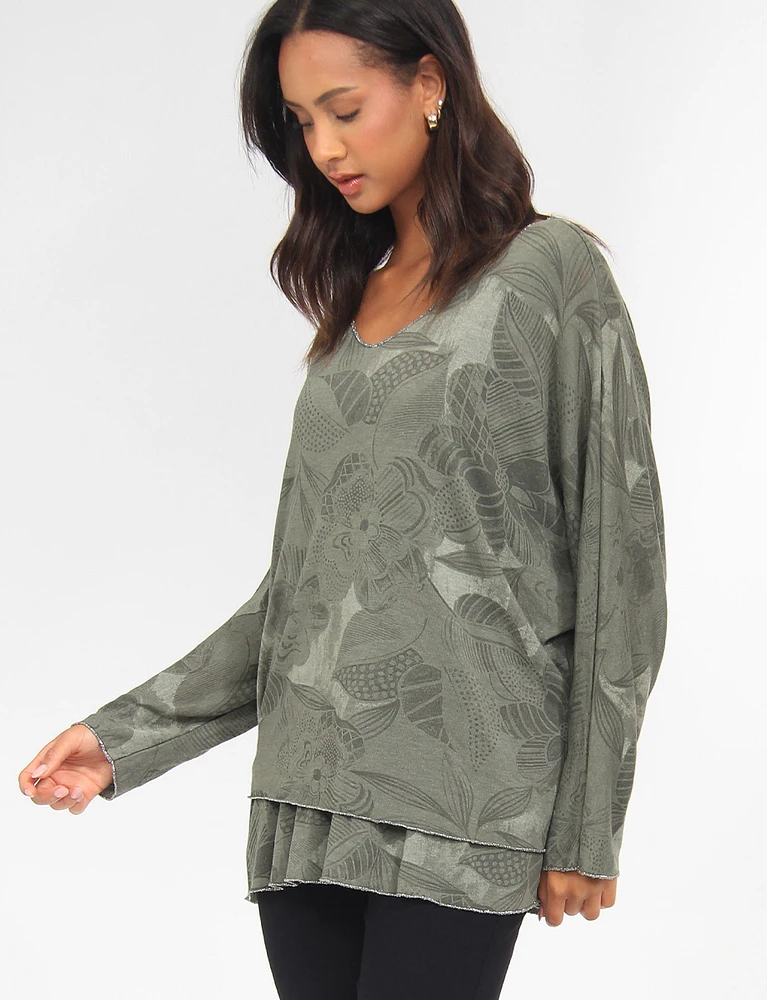 Two-Tiered Printed Dolman Sleeve Silver Stitch Trim Top by Froccella