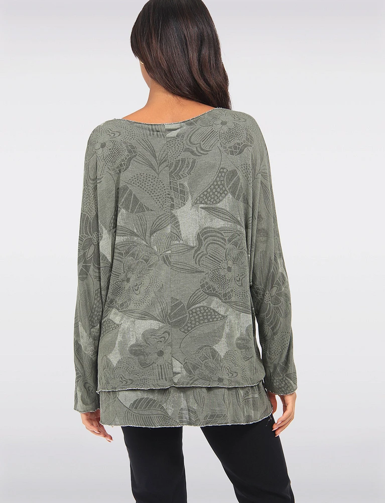 Two-Tiered Printed Dolman Sleeve Silver Stitch Trim Top by Froccella