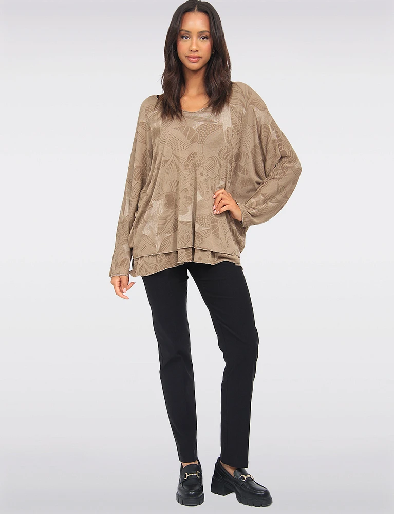 Two-Tiered Printed Dolman Sleeve Silver Stitch Trim Top by Froccella