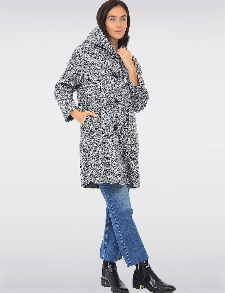 Button-up Long Relaxed Fit Hooded Bouclé Cardigan with Pockets by Froccella