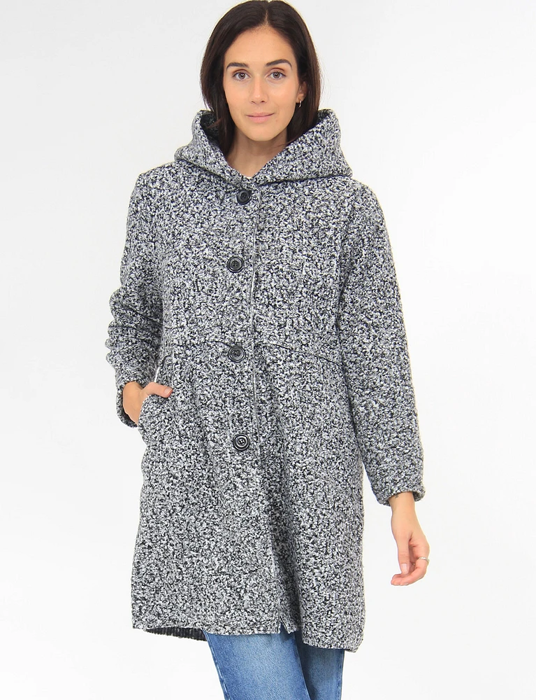 Button-up Long Relaxed Fit Hooded Bouclé Cardigan with Pockets by Froccella