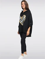 High Low Relaxed Fit Adjustable Sleeves Printed Hooded Top by Froccella