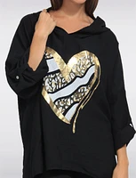 High Low Relaxed Fit Adjustable Sleeves Printed Hooded Top by Froccella