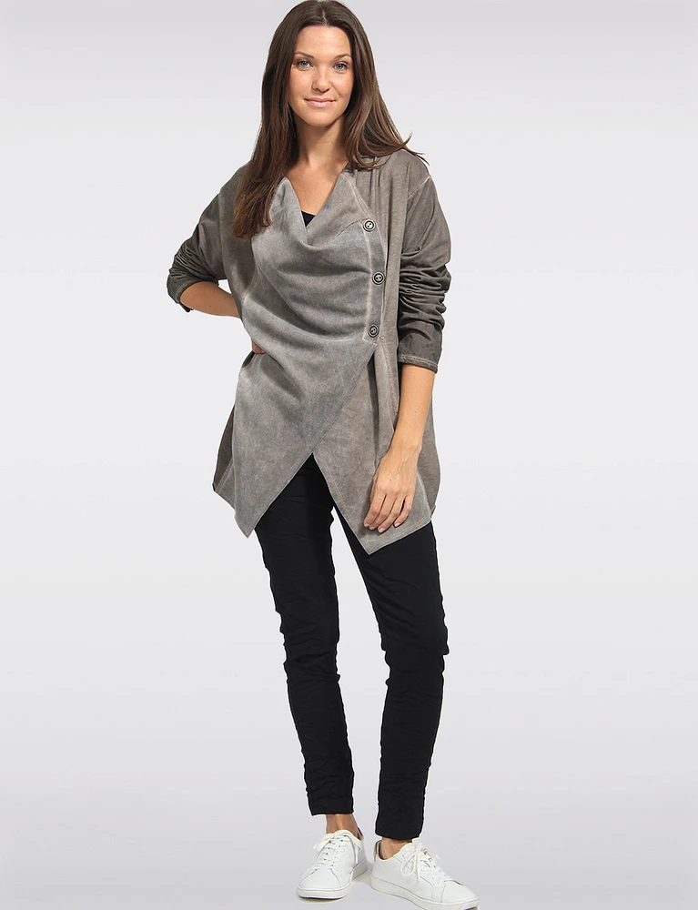 Cotton Stretch asymmetric Buttoned Draped Front Cardigan by Froccella