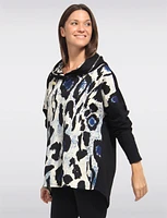 Leopard Print Drop Shoulder Cotton Stretch Black Hoodie by Froccella