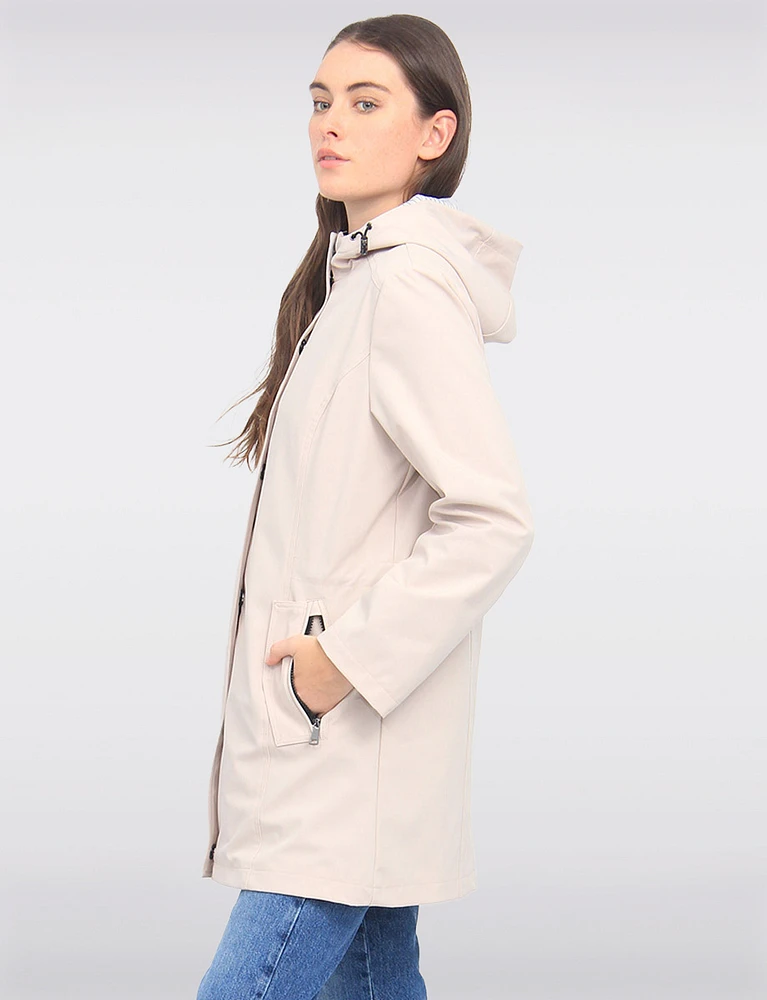 Vegan Softshell Breathe-Tech® Stripe-Lined Cinchable Waist Parka by Saki