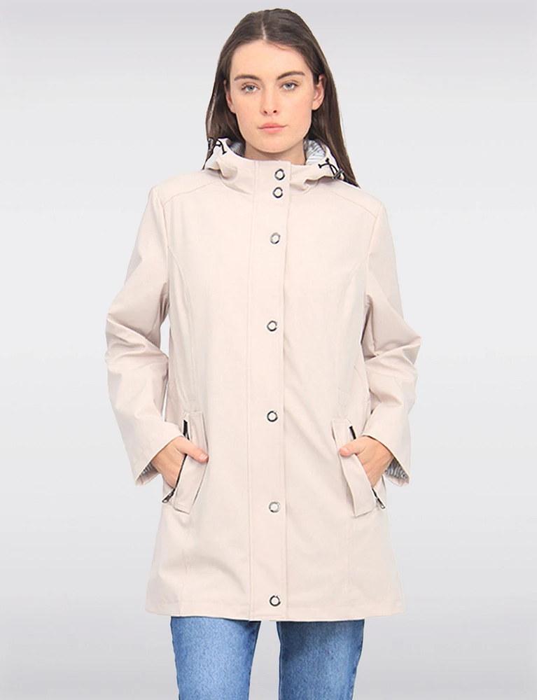 Vegan Softshell Breathe-Tech® Stripe-Lined Cinchable Waist Parka by Saki