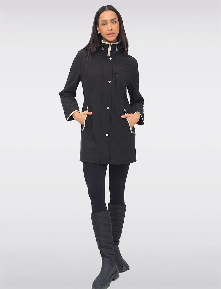Vegan Breathe-Tech® Straight Cut Beige Trim Hooded Jacket by Saki