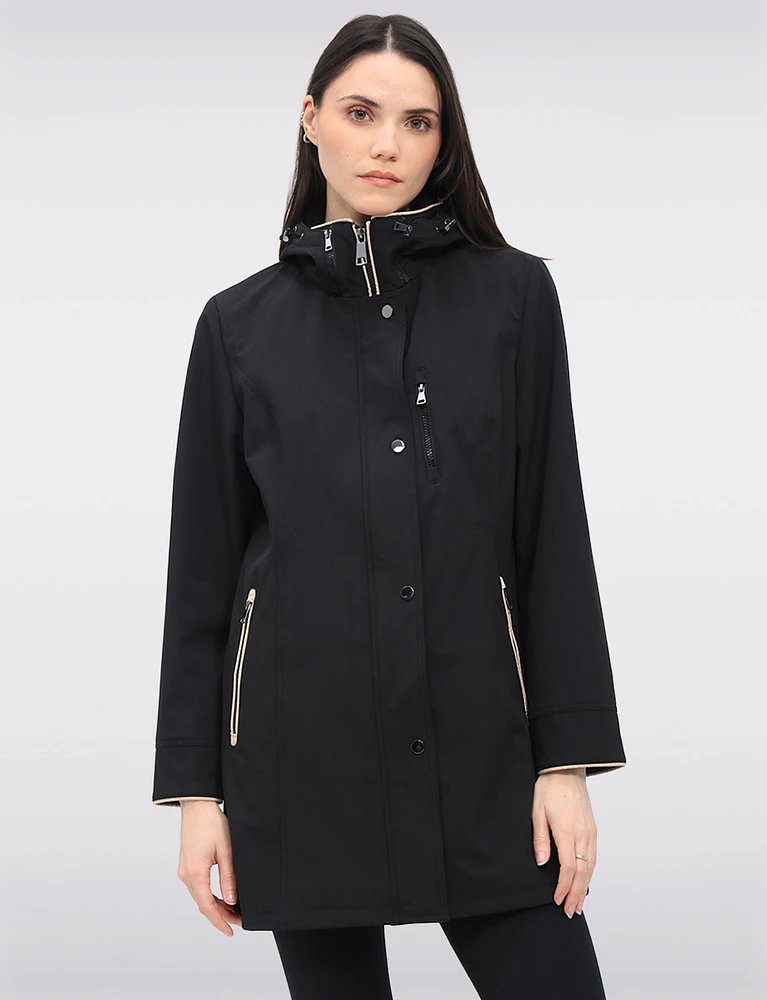 Vegan Breathe-Tech® Straight Cut Beige Trim Hooded Jacket by Saki