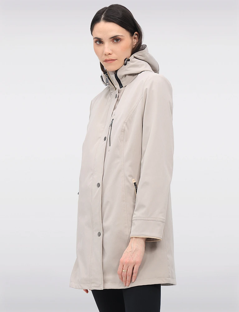 Vegan Breathe-Tech® Straight Cut Beige Trim Hooded Jacket by Saki