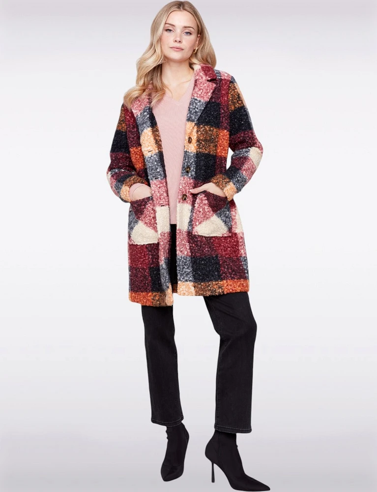 Chic Mid-Length Plaid Bouclé Knit Notch Collar Vegan Coat by Charlie B.