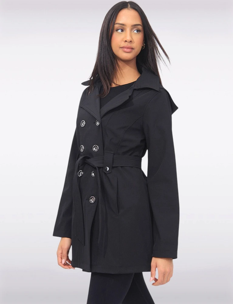 Vegan Double-Breasted Belted Slim Fit Short Trench Coat by Saki