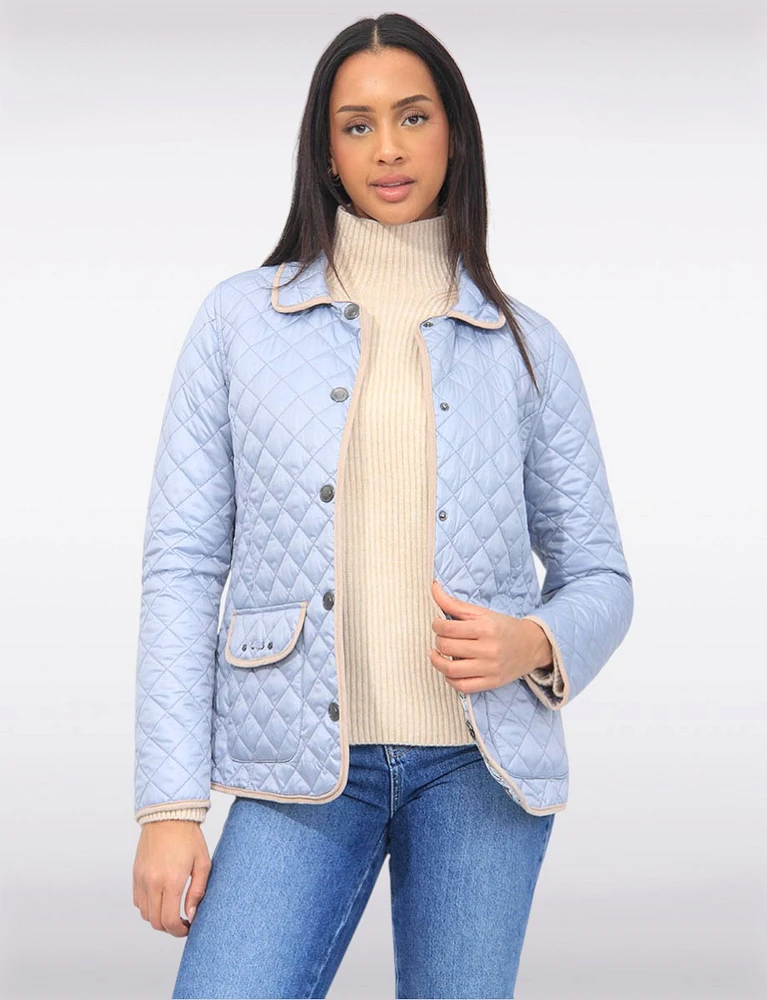 Vegan Reversible Print and Solid Quilted Jacket with Contrasting Trim by Saki