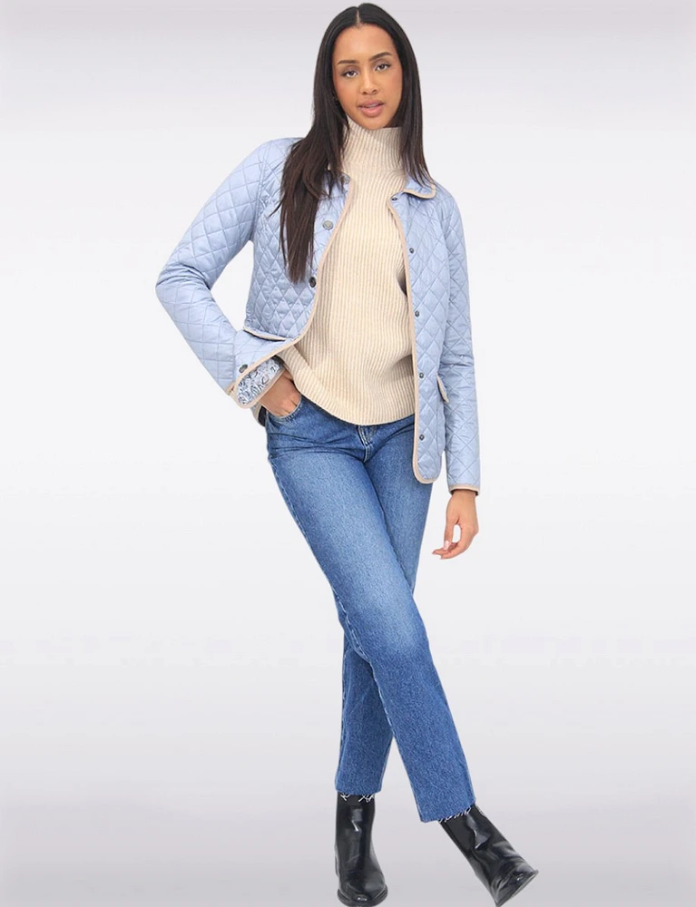 Vegan Reversible Print and Solid Quilted Jacket with Contrasting Trim by Saki