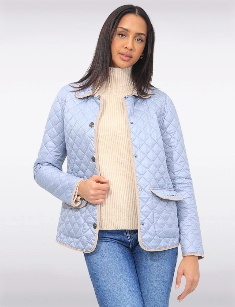 Vegan Reversible Print and Solid Quilted Jacket with Contrasting Trim by Saki