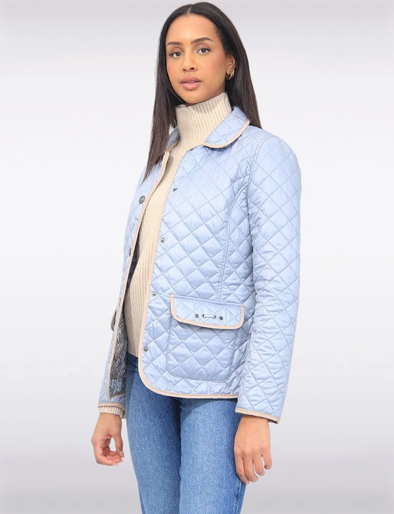 Vegan Reversible Print and Solid Quilted Jacket with Contrasting Trim by Saki