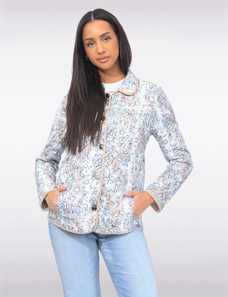 Vegan Reversible Print and Solid Quilted Jacket with Contrasting Trim by Saki