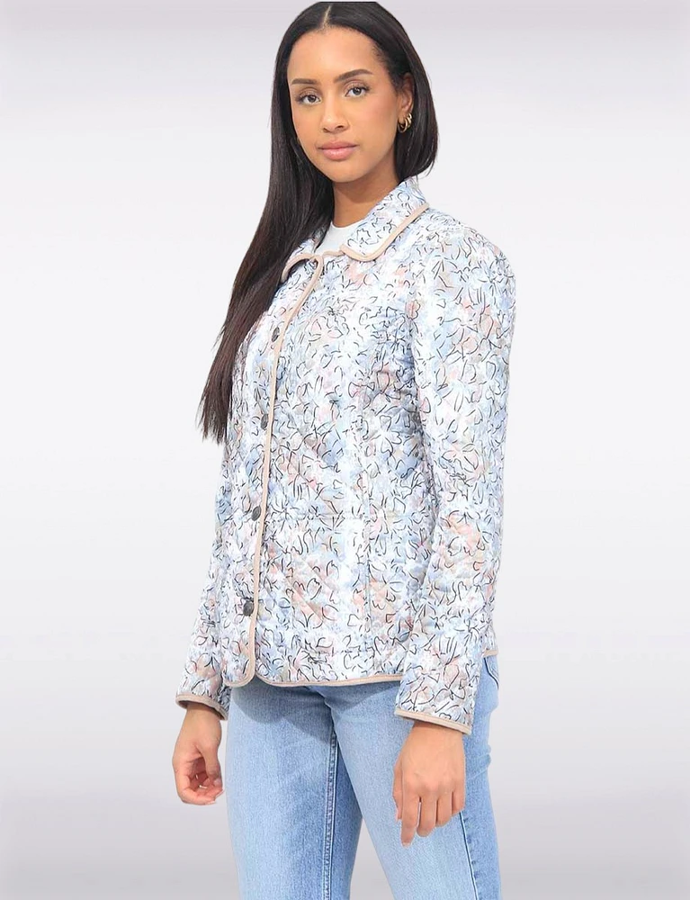 Vegan Reversible Print and Solid Quilted Jacket with Contrasting Trim by Saki