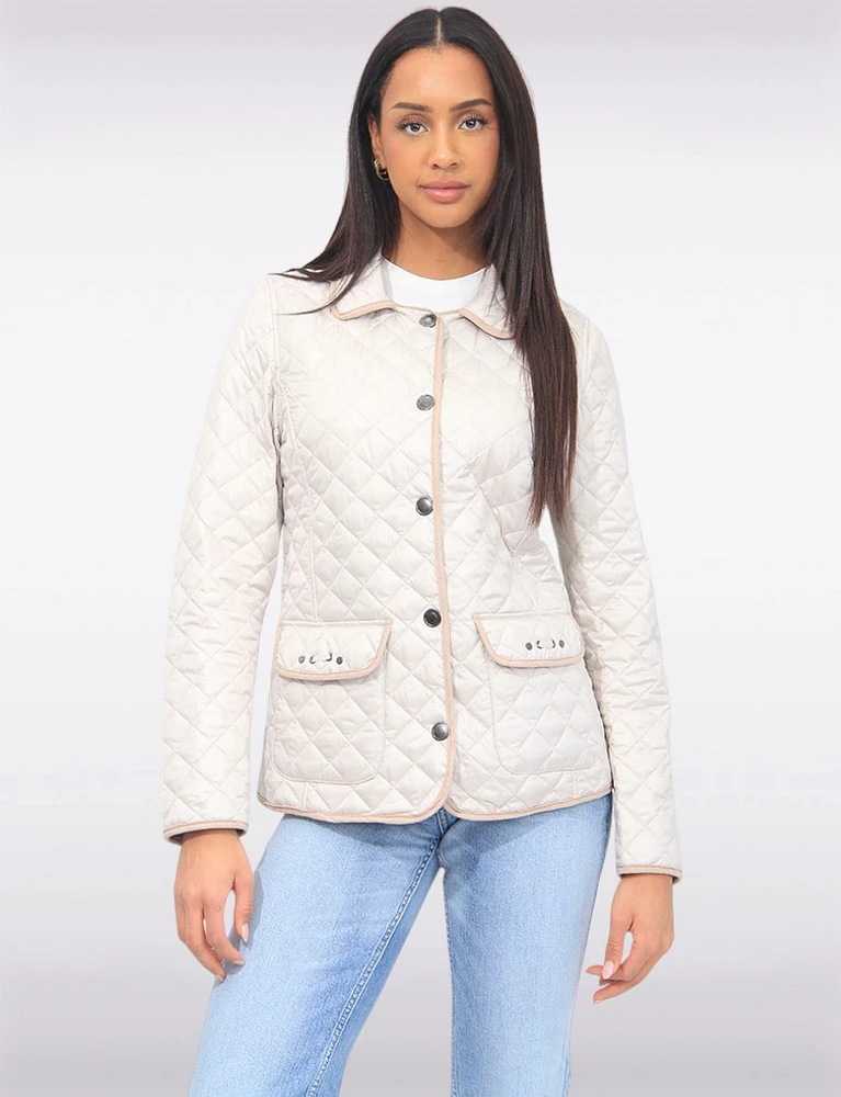 Vegan Reversible Print and Solid Quilted Jacket with Contrasting Trim by Saki