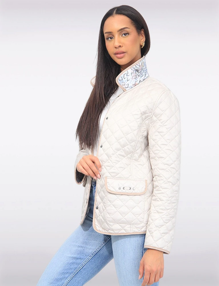 Vegan Reversible Print and Solid Quilted Jacket with Contrasting Trim by Saki