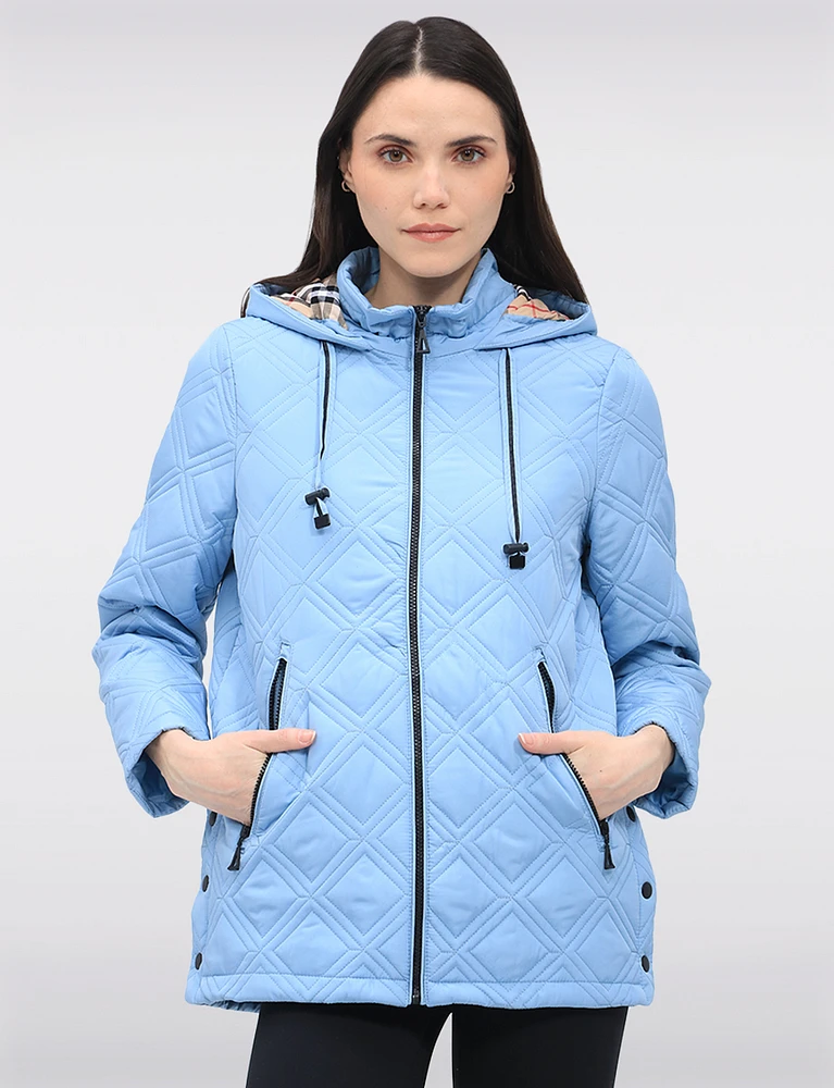 Vegan Quilted Jacket with Attached Plaid Hood & Side Velcro Slits by Saki