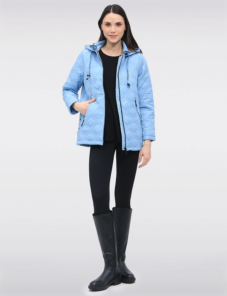 Vegan Quilted Jacket with Attached Plaid Hood & Side Velcro Slits by Saki