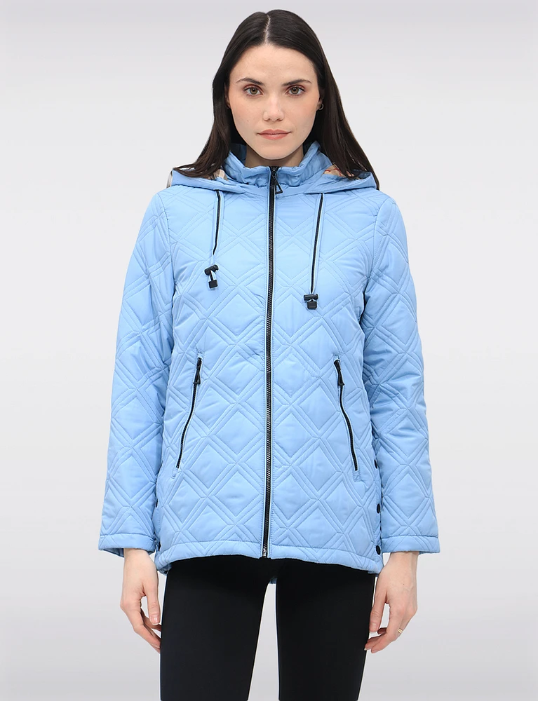 Vegan Quilted Jacket with Attached Plaid Hood & Side Velcro Slits by Saki