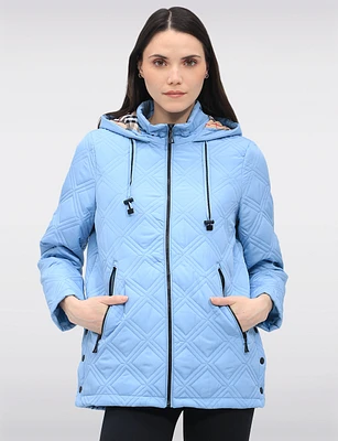 Vegan Quilted Jacket with Attached Plaid Hood & Side Velcro Slits by Saki