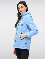 Vegan Quilted Jacket with Attached Plaid Hood & Side Velcro Slits by Saki