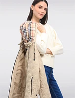 Vegan Quilted Jacket with Attached Plaid Hood & Side Velcro Slits by Saki