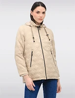 Vegan Quilted Jacket with Attached Plaid Hood & Side Velcro Slits by Saki