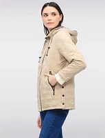 Vegan Quilted Jacket with Attached Plaid Hood & Side Velcro Slits by Saki