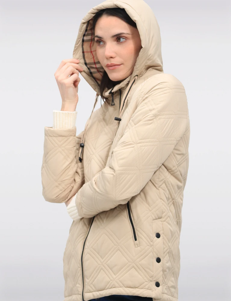 Vegan Quilted Jacket with Attached Plaid Hood & Side Velcro Slits by Saki