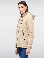 Vegan Quilted Jacket with Attached Plaid Hood & Side Velcro Slits by Saki