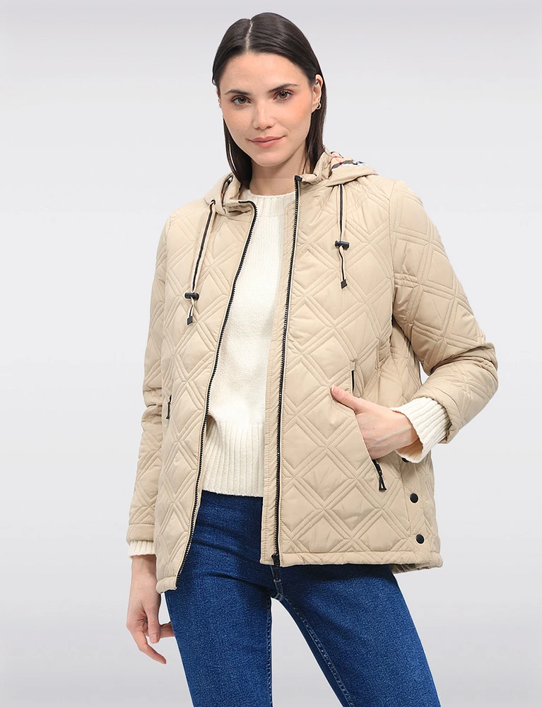 Vegan Quilted Jacket with Attached Plaid Hood & Side Velcro Slits by Saki