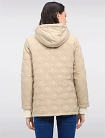 Vegan Quilted Jacket with Attached Plaid Hood & Side Velcro Slits by Saki