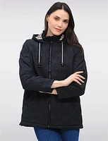 Vegan Quilted Jacket with Attached Plaid Hood & Side Velcro Slits by Saki