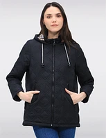 Vegan Quilted Jacket with Attached Plaid Hood & Side Velcro Slits by Saki