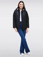 Vegan Quilted Jacket with Attached Plaid Hood & Side Velcro Slits by Saki