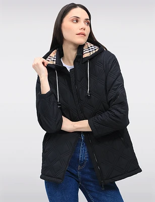 Vegan Quilted Jacket with Attached Plaid Hood & Side Velcro Slits by Saki