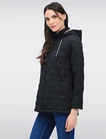 Vegan Quilted Jacket with Attached Plaid Hood & Side Velcro Slits by Saki