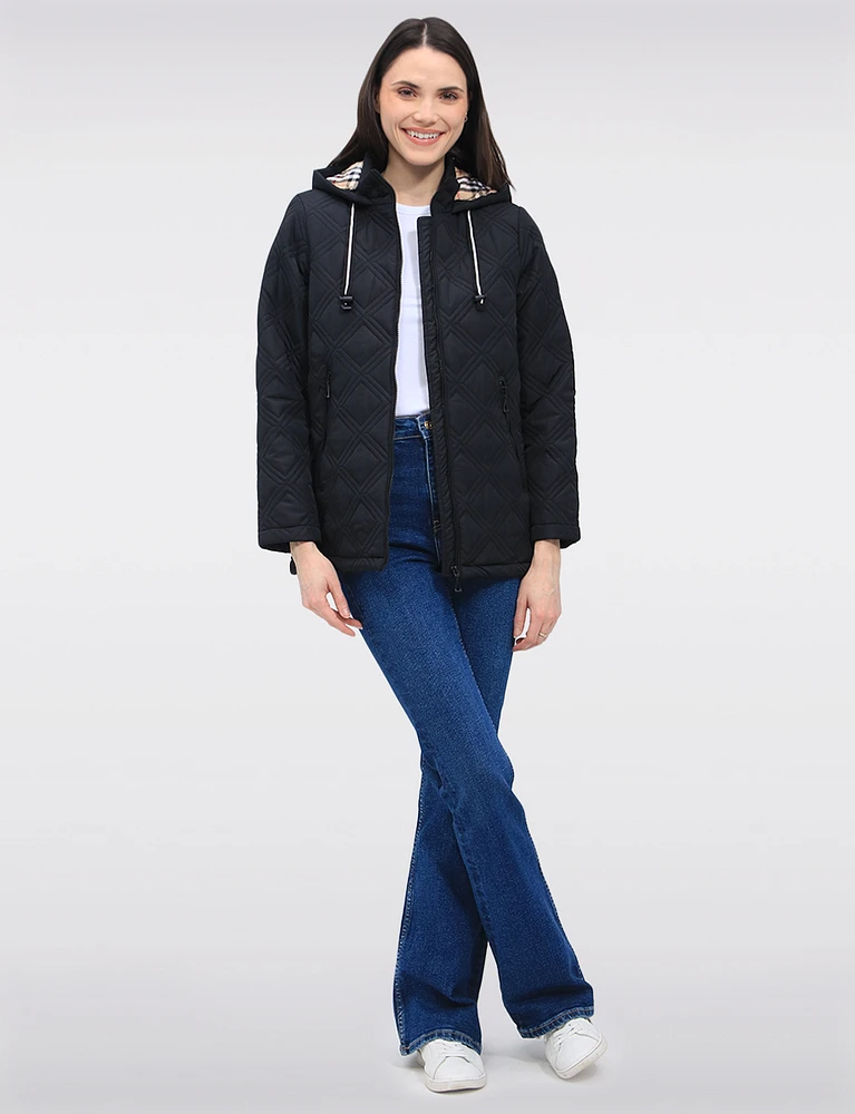 Vegan Quilted Jacket with Attached Plaid Hood & Side Velcro Slits by Saki