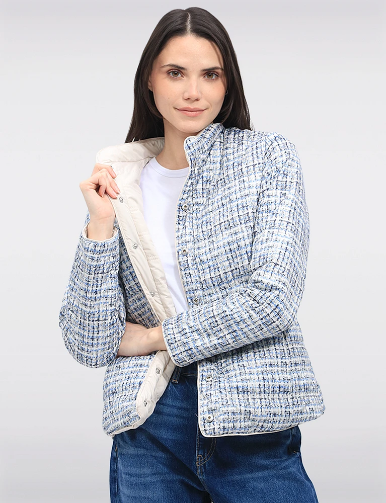 Versatile Vegan Reversible Print/Solid Quilted Jacket with Stand Collar by Saki